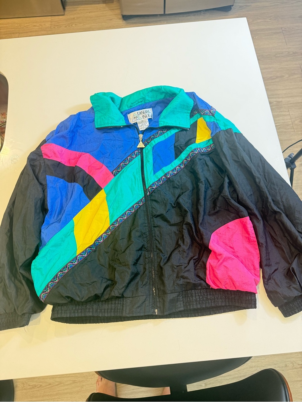 Casual Isle Retro Colorblock 1990s Wind Jacket — Black with Teal, Pink & Yellow